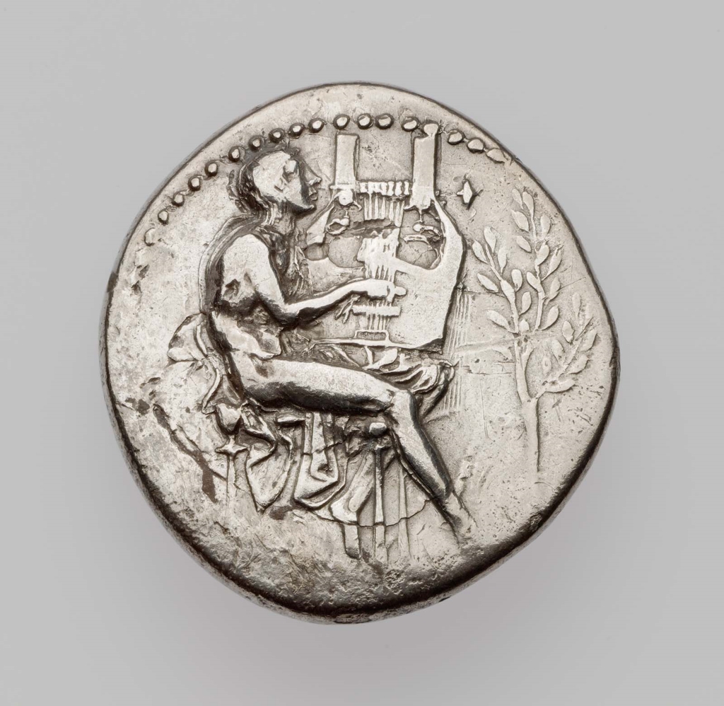 Stater of Metapontion with seated Apollo about 430 B.C.